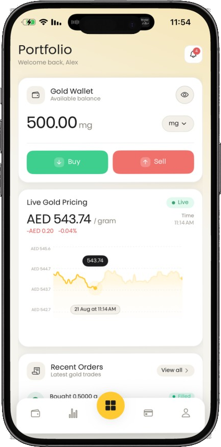 1mg Gold app on iPhone — Portfolio with live gold price, wallet, and orders